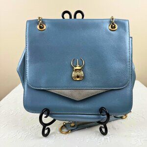 Marja Kurki Blue Leather Bag Gold Beetle Hardware Finnish Designer